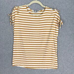 Green Envelope Shirt XS Mustard White Striped Cold Shoulder Tie Soft Everyday